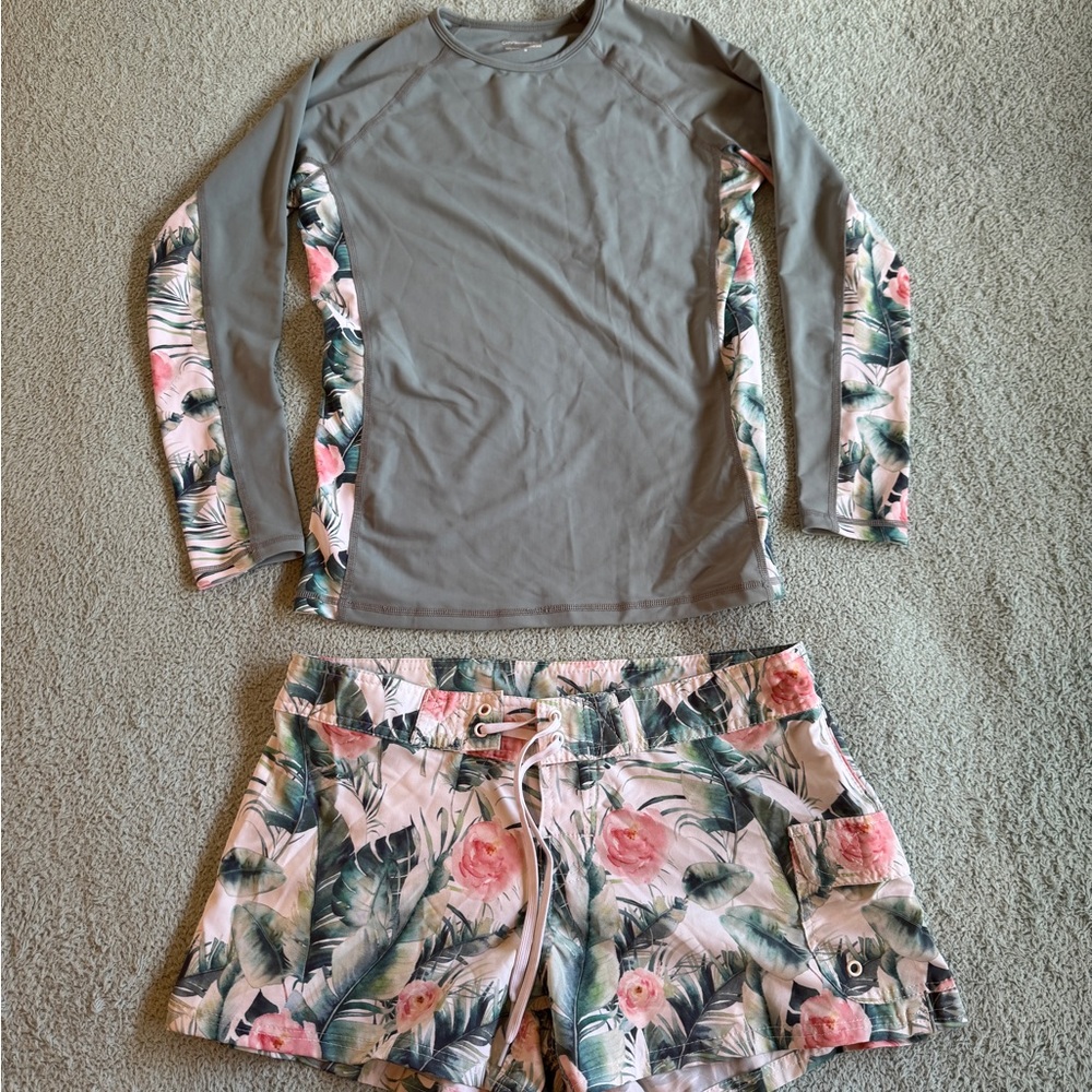 Cinnamon Girl Floral Print Rash Guard and Swim Shorts Set
